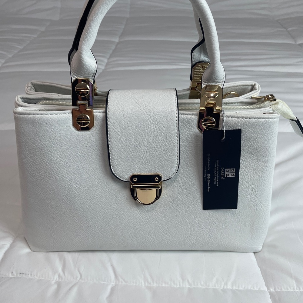 Elegant White Handbag Women’s Satchel Top Handle Gold Details Medium Tote